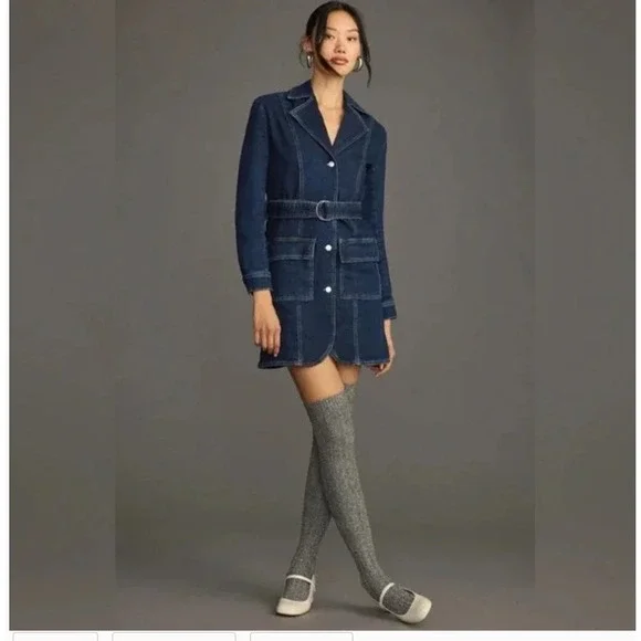 Anthropologie Pilcro Belted Denim Blazer Blue Denim Mini Dress Size Med NWOT